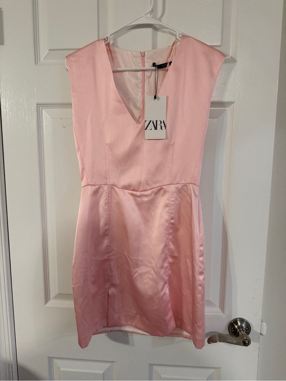 ZARA Light Pink Satin Mini Dress with V-Neck